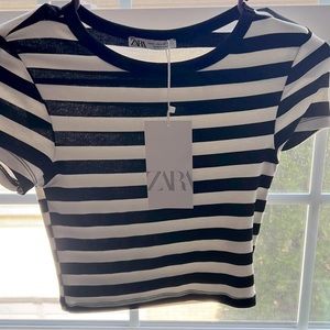 zara cropped fitted black and white stripped tee Size S